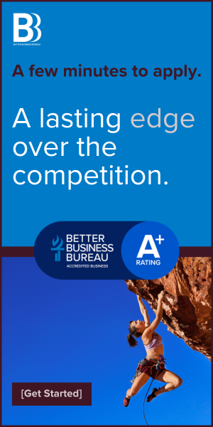 Accreditation display ad, first version: a few minutes to apply, a lasting edge over the competition, with a BBB Accredited Business A plus badge and a photograph of someone mid-leap.