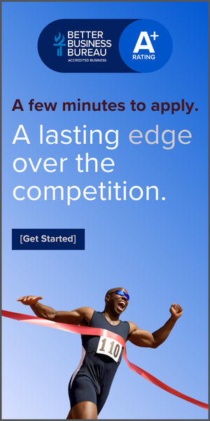 Accreditation display ad, second version: the same headline and A plus badge with a photograph of a sprinter.