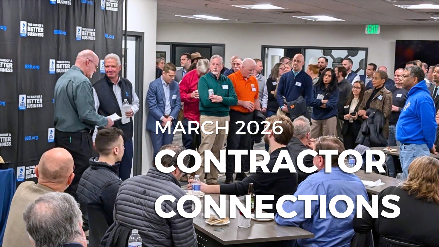 The Contractor Connections event graphic: a packed room of attendees in conversation, with the March 2026 event title set over the photograph.