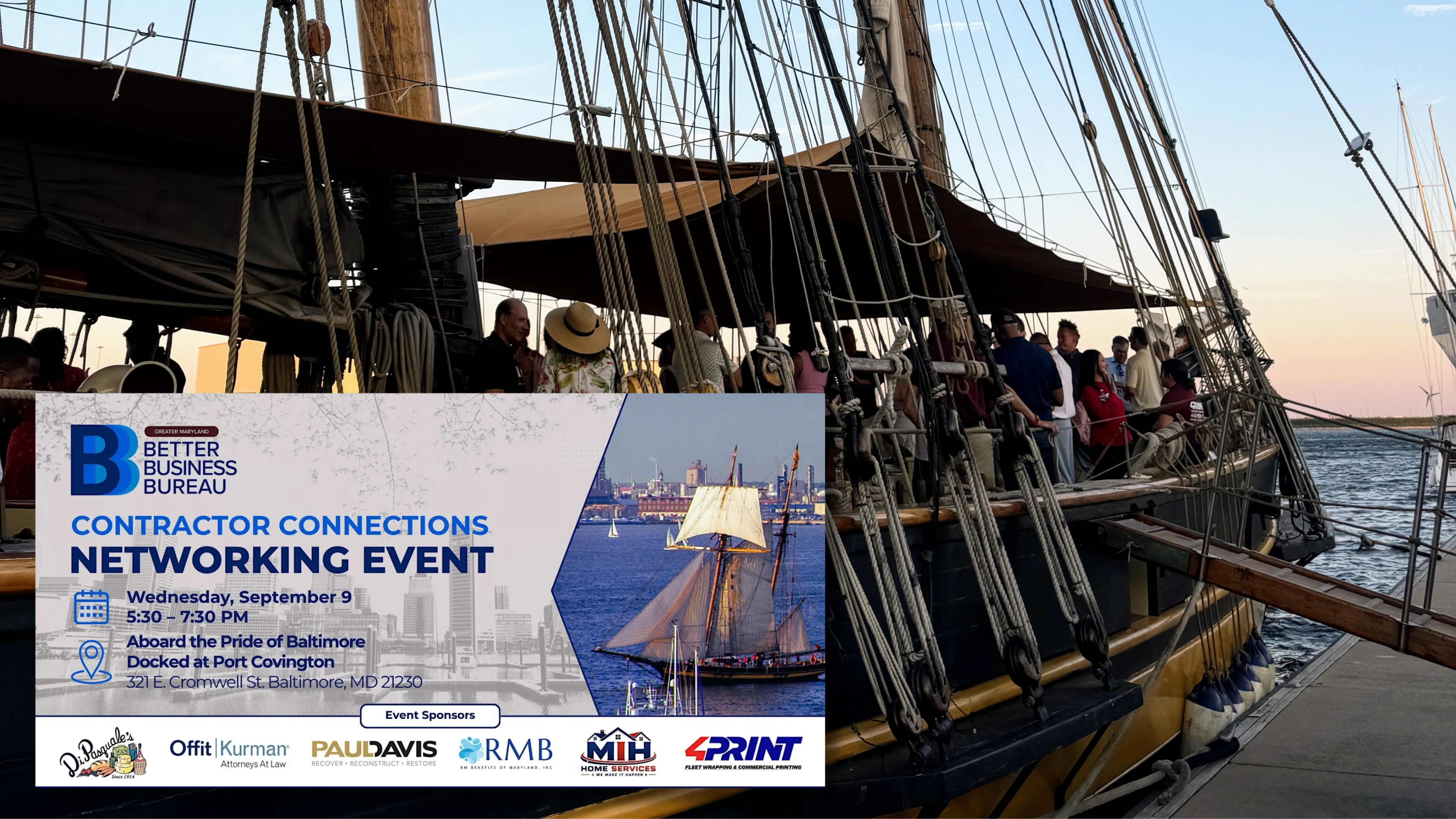 The Contractor Connections event graphic for Pride of Baltimore II: the ship photographed in the harbour with the event promotion composed into the same frame.
