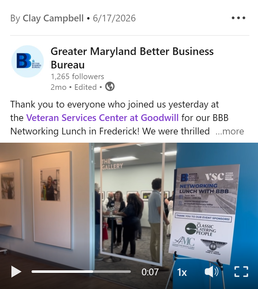 A Greater Maryland post about a BBB networking lunch at the Veteran Services Center at Goodwill in Frederick, with the event flyer attached.