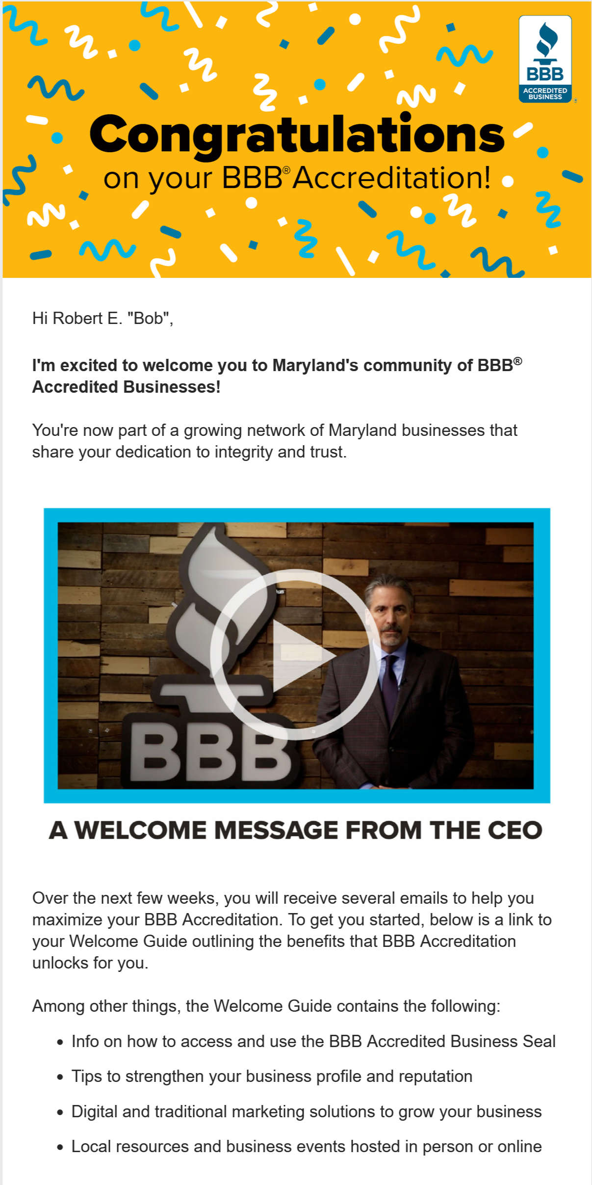 The supplied welcome email sent to a newly accredited business.
