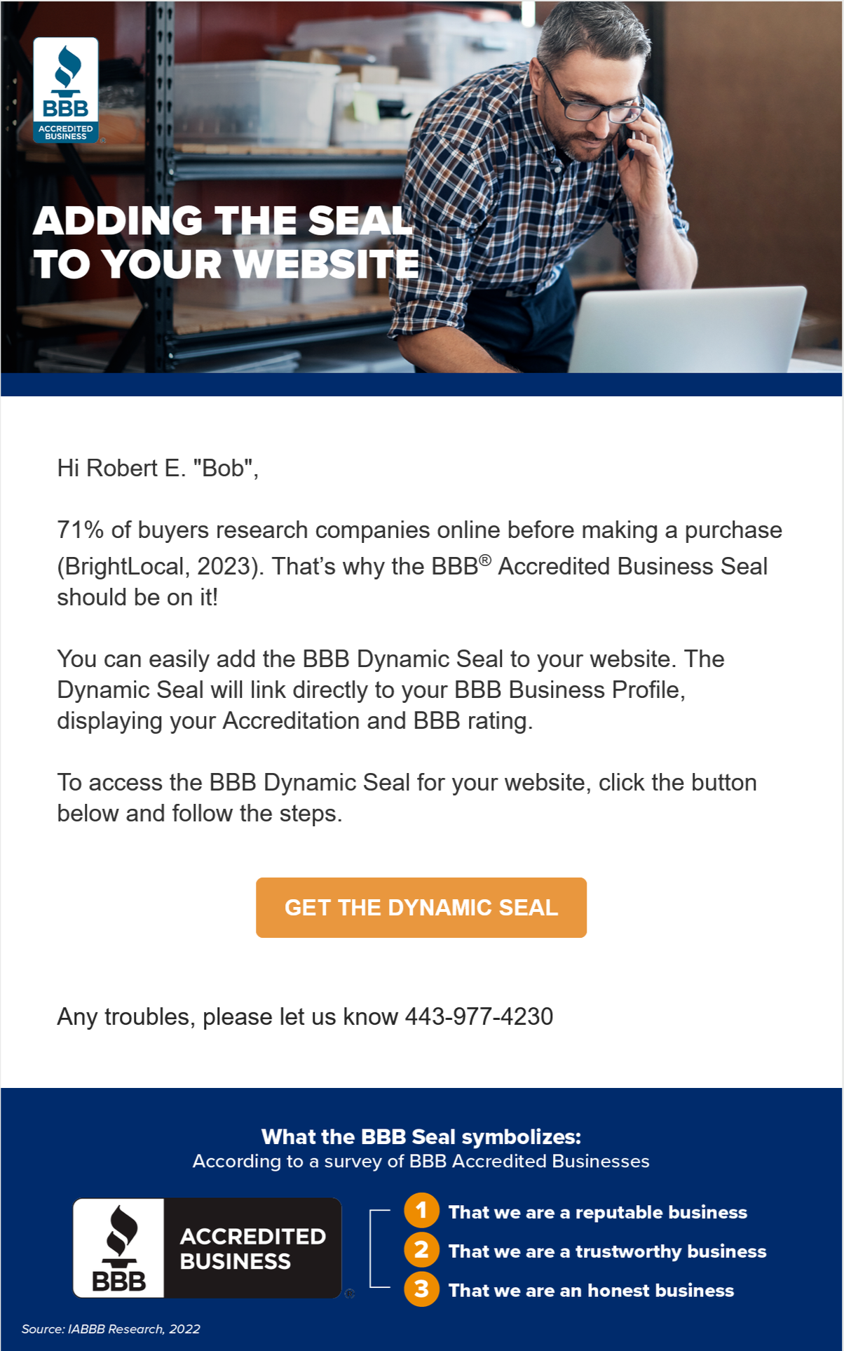 The second email in the supplied onboarding sequence, about adding the Accredited Business seal to a website.