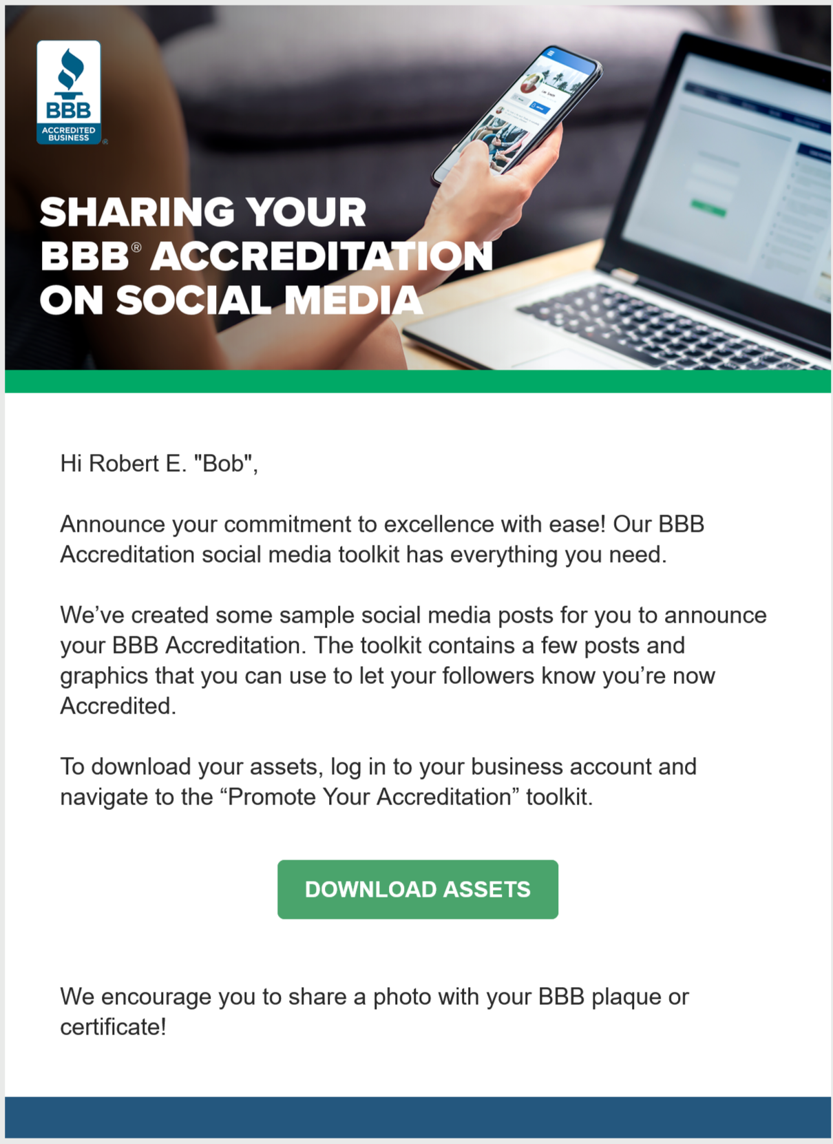 The third email in the supplied onboarding sequence, about sharing accreditation on social media.