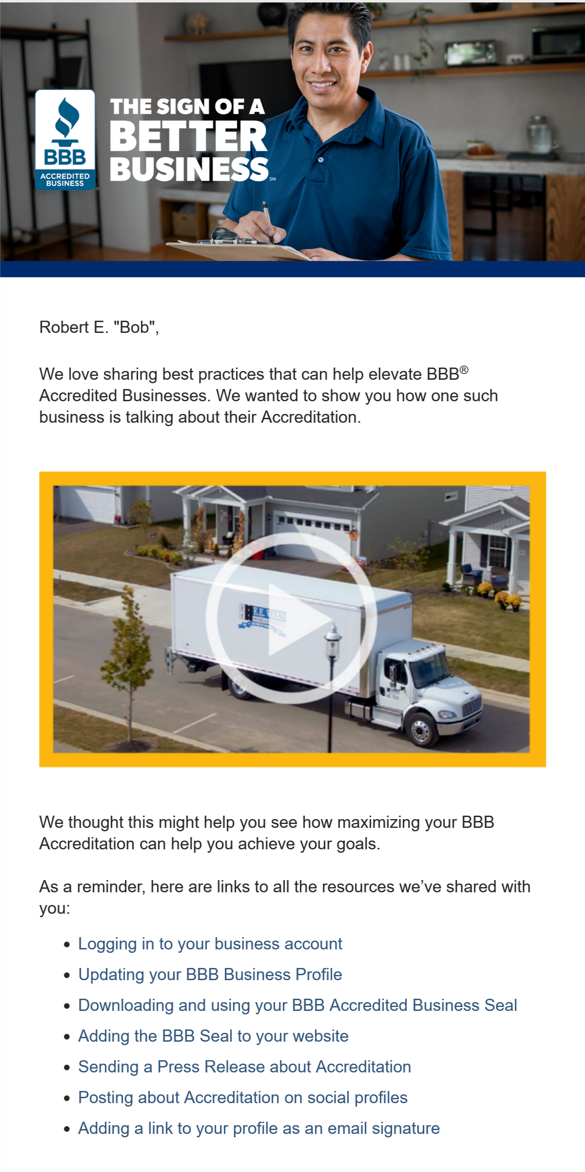 The fourth email in the supplied onboarding sequence, rounding up the resources shared with the new Accredited Business.