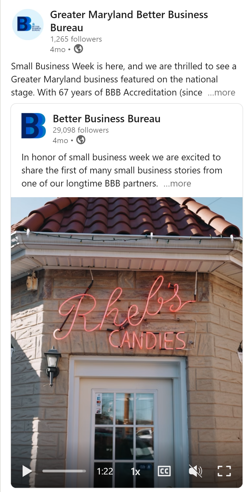 A Greater Maryland post resharing the national Better Business Bureau's Small Business Week story about Rheb's Candies, with the film's storefront frame attached.
