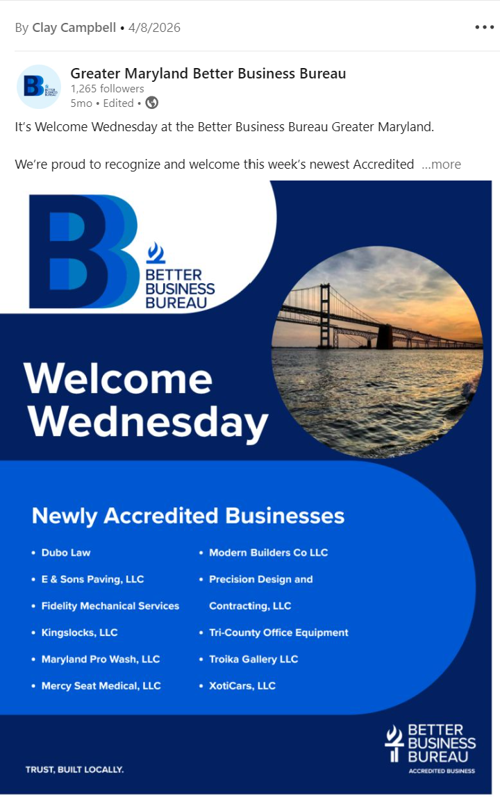 A Greater Maryland Welcome Wednesday post listing the week's newly Accredited Businesses, with the Trust, Built Locally lockup inside the graphic.