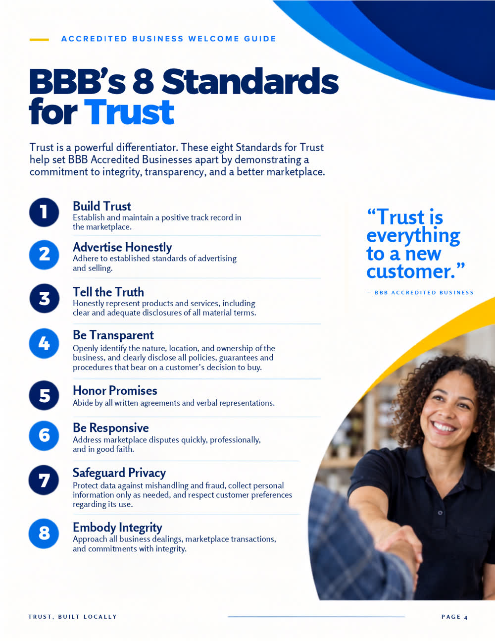 Guide page: BBB's eight Standards for Trust, listed one to eight.