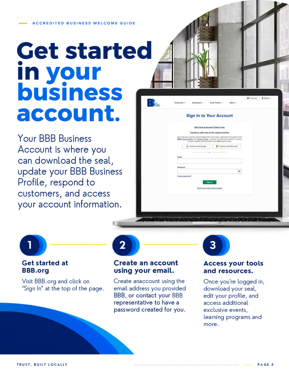 Guide page: get started in your business account, in three steps.