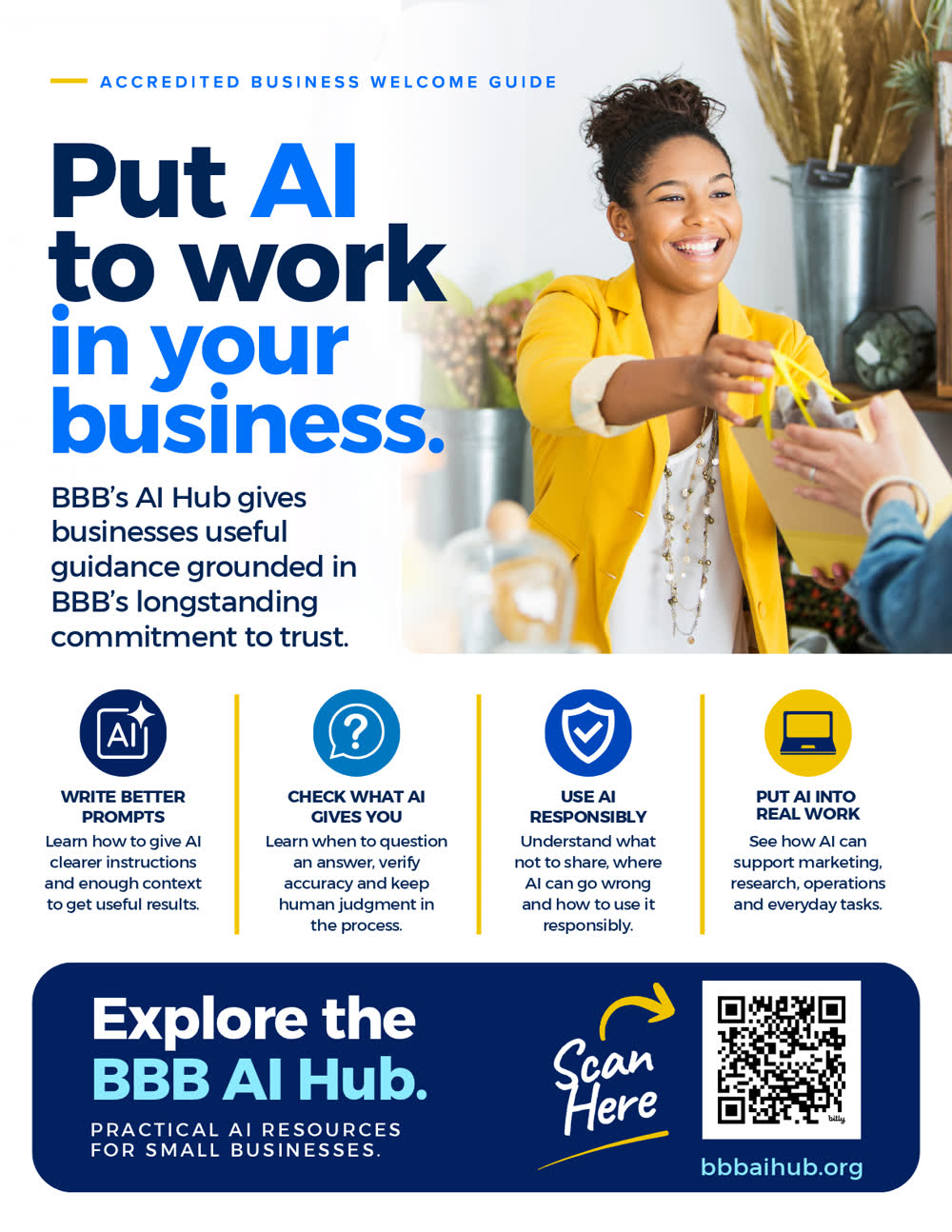 Guide page insert: practical AI resources for small businesses, with a code for the BBB AI Hub.