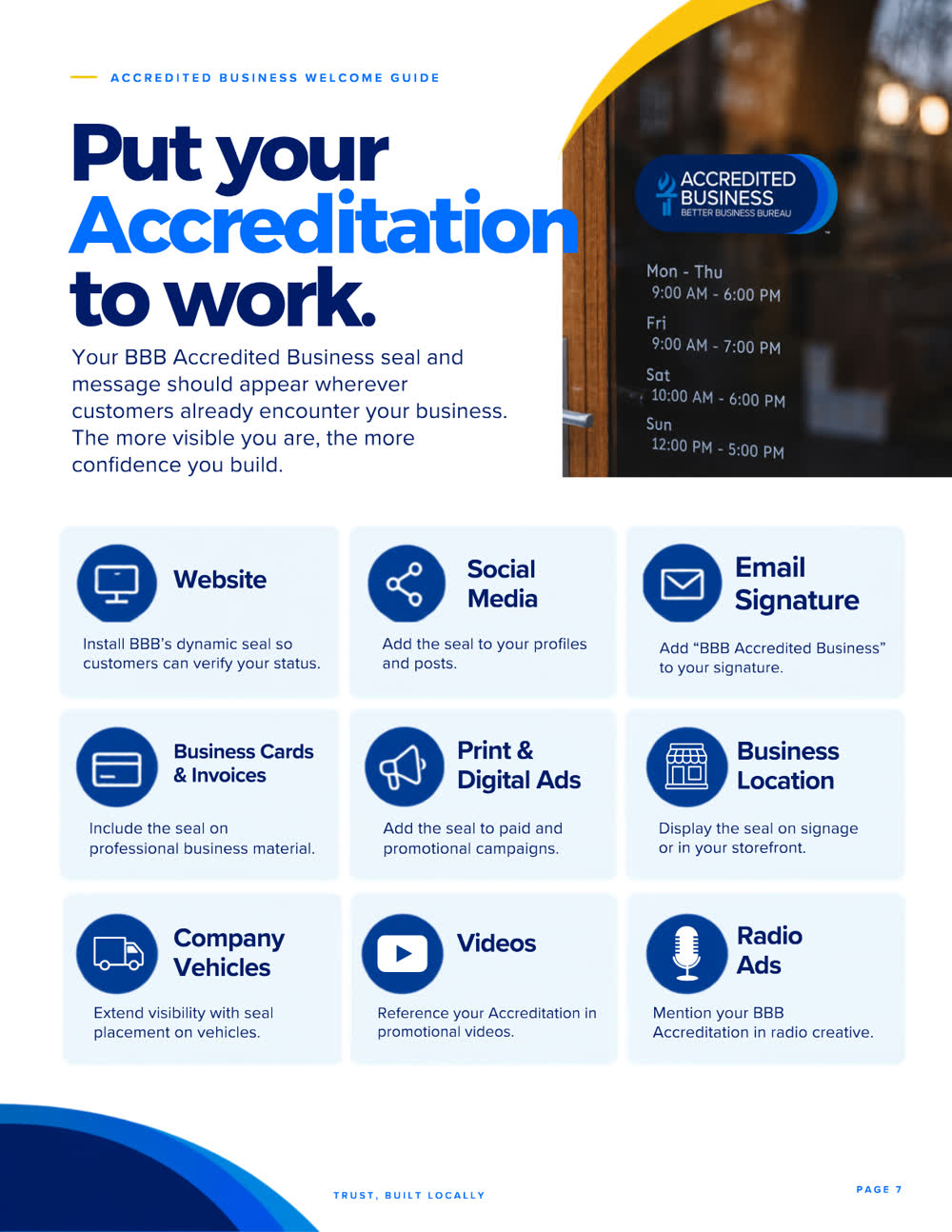 Guide page: put your Accreditation to work, with the seven places the seal belongs.